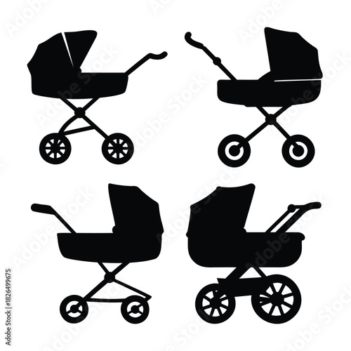 Baby carriage and stroller silhouettes, newborn transport icons set