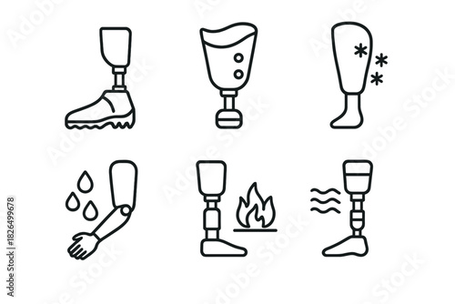 Prosthetic Environment Icons. Line style icons of prosthetics for extreme environments: mountain climbing foot, desert-resistant