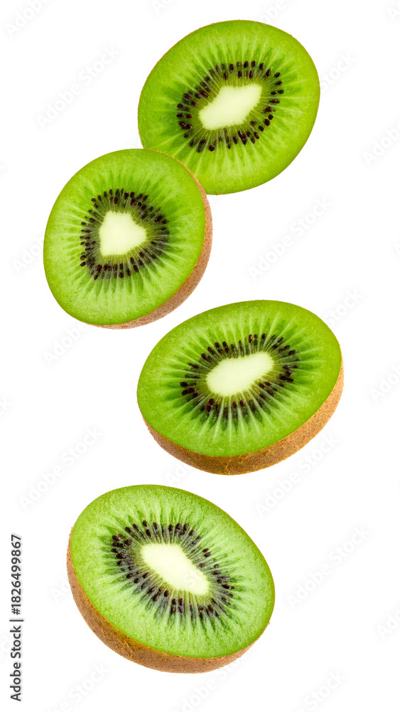 Fototapeta premium Half slices of fresh kiwi fruit with green flesh and black seeds falling through the air on a clean white background