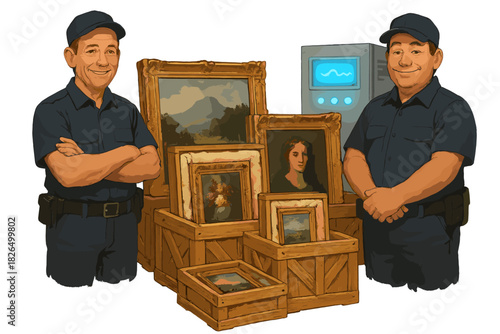 Art Conservation Vault. Conservation vault with paintings resting in cozy crates, glowing climate controls, and guards smiling