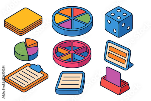Board Game Elements. Isometric vector illustration set Board games – question card, pie piece token, turntable board; category