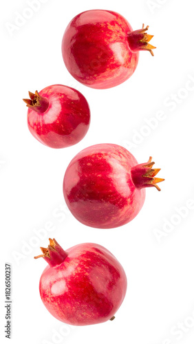 Fresh pomegranates falling, red healthful fruit for organic food, natural antioxidants concept on white background