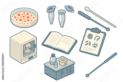 Microbiology Lab Essentials. Isometric vector illustration set of Microbiology lab: bacterial colony on agar, microcentrifuge