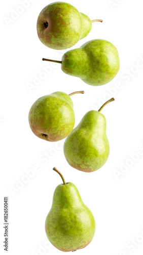 Green pears falling and floating on a pure white background, showcasing freshness, healthy fruit, and a dynamic view