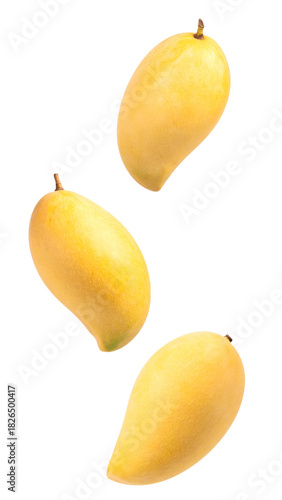 Ripe yellow mangoes floating on a white background, representing healthy nutrition and tropical fruit abundance