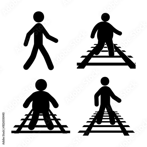Stick figures walking on train tracks and a simple walker icon