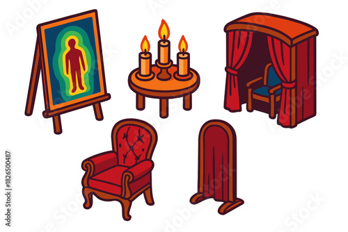 18th Century Healing Room. Isometric vector illustration set 18th Century Healing Room: Velvet armchair for subject, curtained