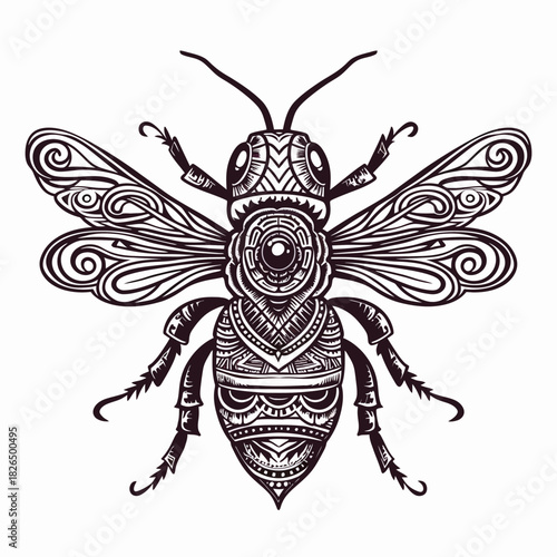 Intricate bee illustration with detailed symmetrical patterns on white background