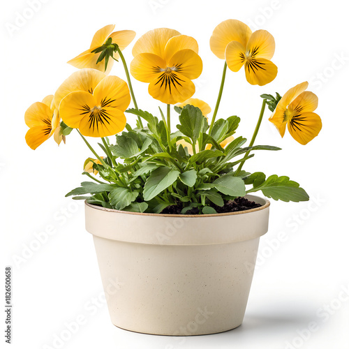 Beautiful violet flower in pot isolated pansy flowers pot, Close up of an ornamental pansy plant in a container ready for spring planting, on white background, easter traditional Yellow plant.