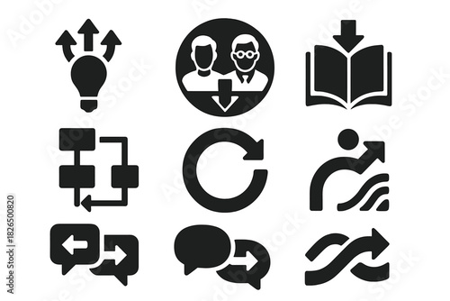 Reverse Idea Flow. Solid style icons of idea flow reversal: insight stream upward icon, youth-to-expert badge, flipped knowledge