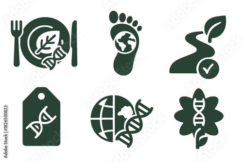 Sustainable Diet Icons. Solid style icons of sustainable nutrition by genotype: eco-plate with gene, food footprint icon,