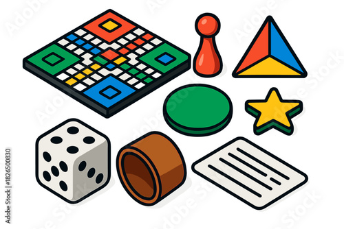 Colorful Board Game Icons. Isometric vector illustration set Board games – Ludo board, colored pawn, starting circle; safe zone,