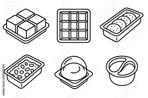 Edible Portion Packs Icons. Line style icons of edible food portioning packs: segmented gelatin cubes, chocolate grid divider,