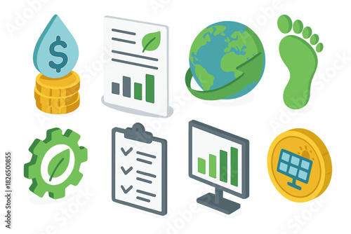 Ethical Investing Icons. Isometric vector illustration set of Ethical investing: water conservation fund, climate disclosure