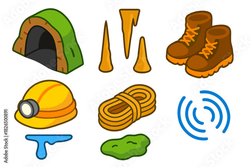 Vibrant Hiking Icons. Isometric vector illustration set Hiking trails – cave mouth, stalactites, stalagmite; helmet with light,