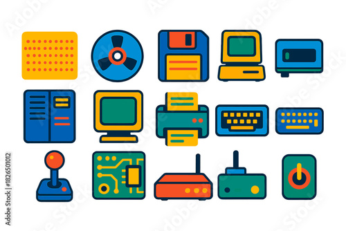 Vintage Tech Icons. Flat vector icons of Vintage Computing Devices: punch card, magnetic tape reel, floppy disk, old terminal,
