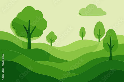 Minimalist Green Landscape. Artistic paper-cut scene of a green landscape with rolling hills and trees, minimalist and cheerful