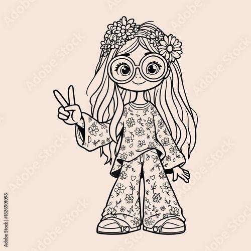 Adorable Retro Girl with Flower Crown and Peace Sign Hand Gesture Illustration