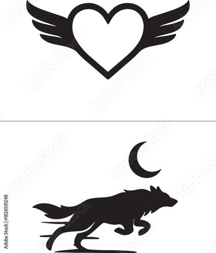 A winged heart and a running wolf silhouette under a crescent moon