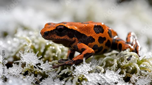 Orange and black patterned poison dart frog standing on green moss covered with delicate ice crystals, showcasing wildlife resilience in cold conditions