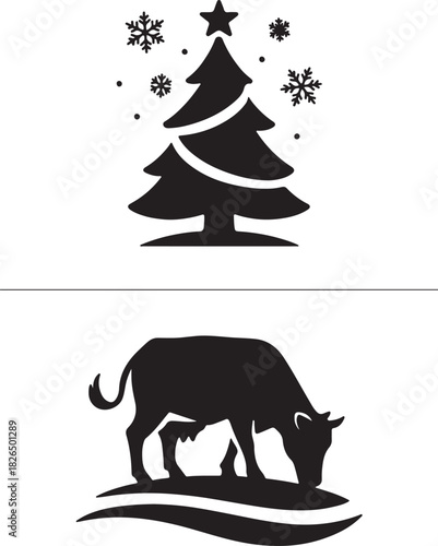 A christmas tree and a grazing cow depicted in simple black silhouettes
