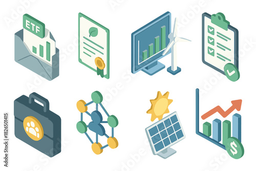 Ethical Investing Icons. Isometric vector illustration set of Ethical investing: ESG-focused ETF, carbon offset certificate, wind