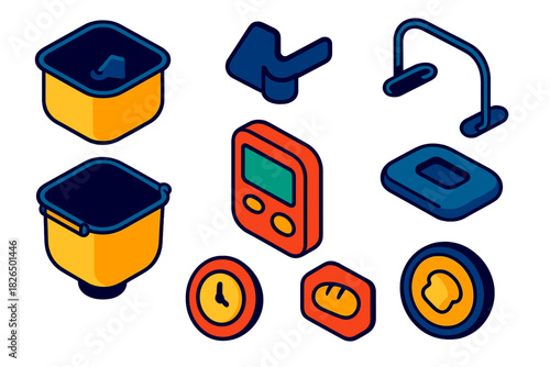 Baking Tools Icons. Isometric vector illustration set Baking tools – bread machine pan, kneading paddle, lid hinge; pan handle,