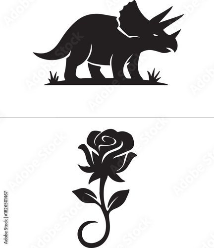 A striking silhouette composition featuring a triceratops and a delicate rose