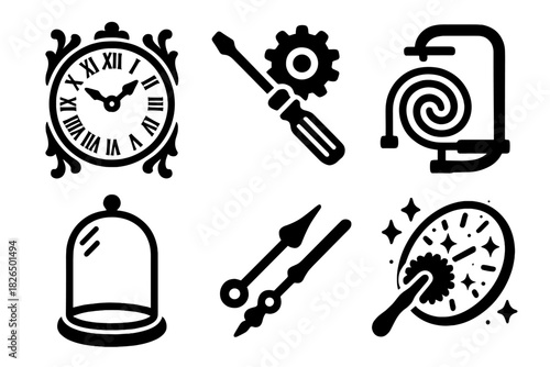 Antique Clock Restoration. Line style icons of Antique Restoration: ornate clock face, gear realignment tool, spring adjuster,