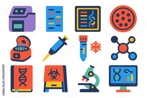 Bold Lab Equipment Icons. Flat vector icons of laboratory genetics: PCR machine, electrophoresis gel, DNA sequencing chip, cell