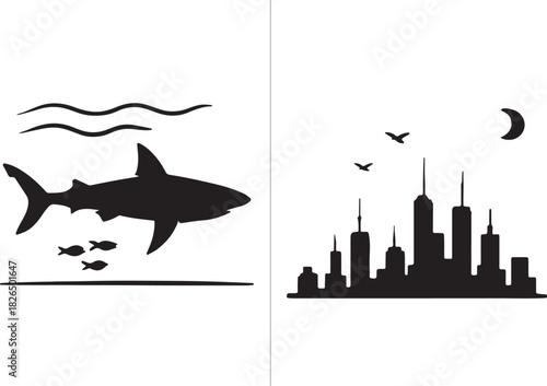 Black and white illustration depicting a shark in the ocean and a cityscape