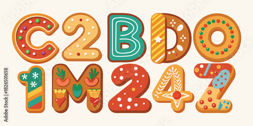 Christmas gingerbread cookies shaped like numbers and letters
