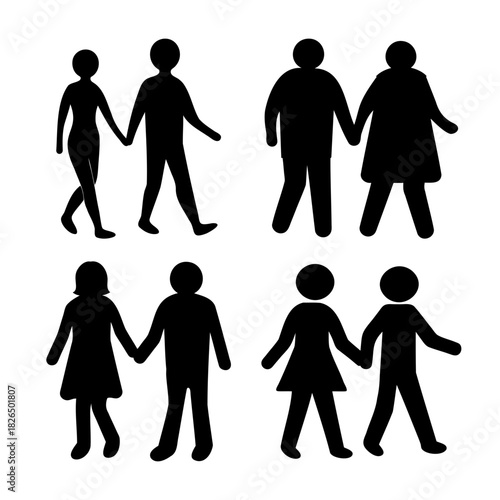 Diverse people silhouettes walking together hand in hand.