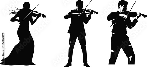 Black Silhouette of Elegant Female and Male Violinists Performing Classical Concert Music, Professional String Instrument Players on Stage, Vector Illustrations Isolated on White Background