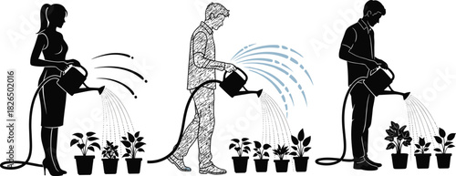 Three people watering potted plants using a hose and can, illustrating nurturing growth, business investment, and gardening care with solid, sketched, and detailed silhouettes, isolated set