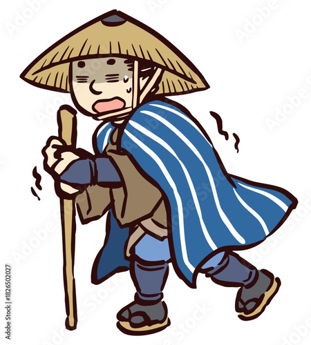 道中に体調を崩した旅装束の庶民の男性　江戸時代
