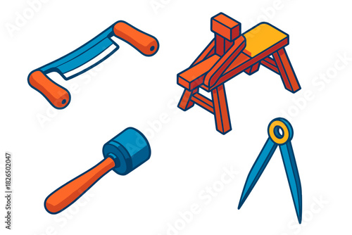 Cooper's Workshop Tools. Isometric vector illustration set Cooper’s Workshop Tools: Shaving knife, draw horse bench, hoop driver,