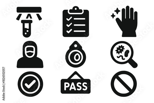 Food Safety Icons. Solid style icons of food safety inspection: lab sample under UV, safety checklist, sanitized glove. Clean room