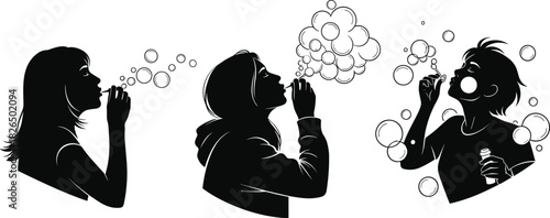 Three young women blowing soap bubbles, illustrating joy, carefree playfulness, fun, and childhood nostalgia in detailed black silhouette profiles, isolated vector illustration set