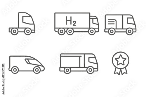 Hydrogen Truck Icons. Line style icons of hydrogen truck brands and prototypes: concept cab icon, branded truck with H2, prototype