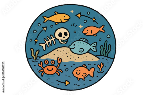 Cheerful Marine Habitat. Cheerful doodle island habitat duration with happy deep-sea species, cartoon bones with faces, smiling