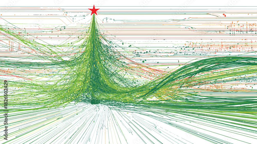 Obraz premium Abstract Digital Christmas Tree of Data Lines & Network Connections with Red Star - Festive Technology Visualization