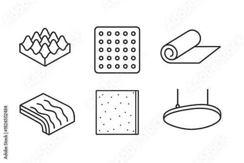 Sound Absorption Icons. Line style icons of Sound Absorption Materials: porous foam tile, perforated wood panel, acoustic fabric
