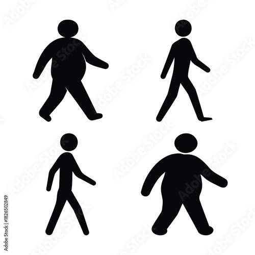 Human body types: slim and overweight people walking icons