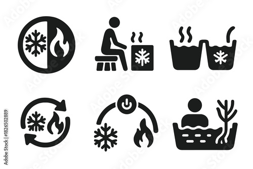 Thermal Cycling Icons. Solid style icons of thermal cycling practice: alternating cold-hot badge, sauna-ice glyph, contrast bath