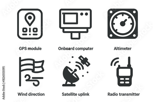 High-Altitude Balloon Icons. Line style icons of High-Altitude Ballooning: GPS module, onboard computer, altimeter display, wind