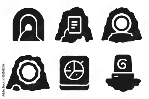 Sci-Fi Cave Icons. Solid style icons of science fiction cave themes: alien tunnel glyph, tech glow icon, portal badge. Plasma ring