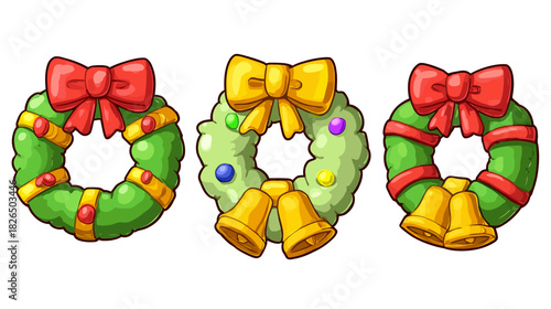 Cute Cartoon Christmas Wreaths Set with Festive Red & Yellow Bows, Jingle Bells, and Ornaments - Holiday Decoration Vector