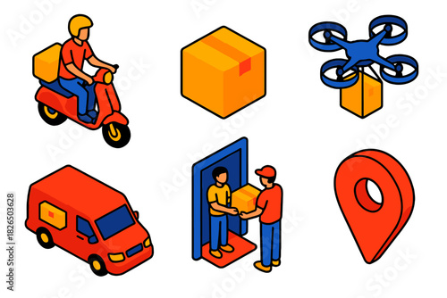 Last-Mile Delivery Icons. Isometric vector illustration set Last-Mile Delivery: courier on scooter, parcel box, drone delivery,