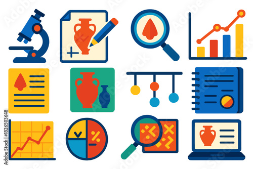 Archaeological Icon Set. Flat vector icons of archaeological analysis and interpretation: microscope, artifact sketch, magnifying